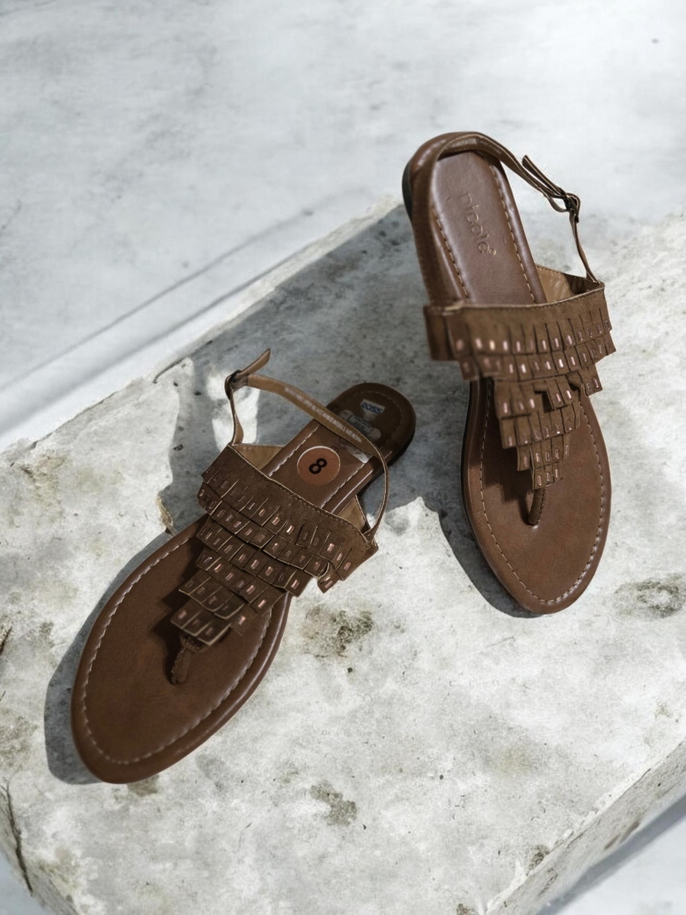 Brown Fringe Leather T-Strap Sandals -by NICOLE   Size 8